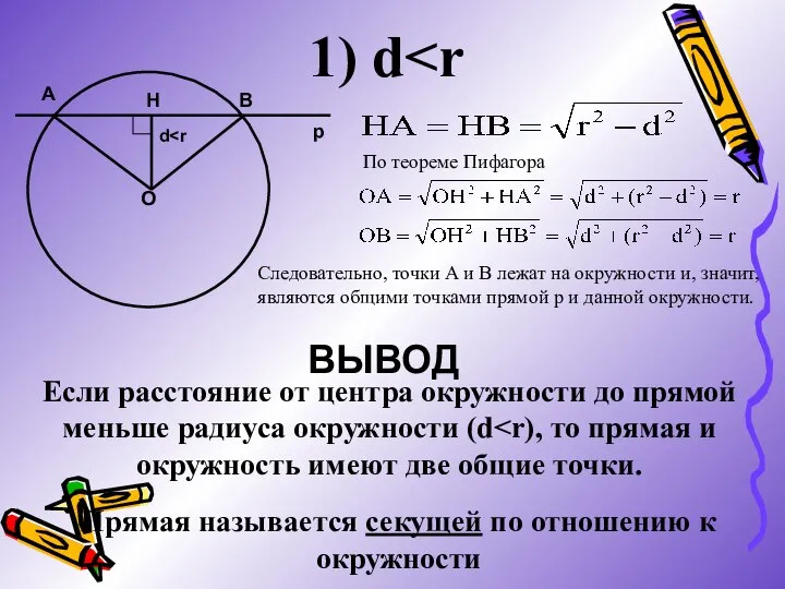 1) d O H A B d p По теореме Пифагора