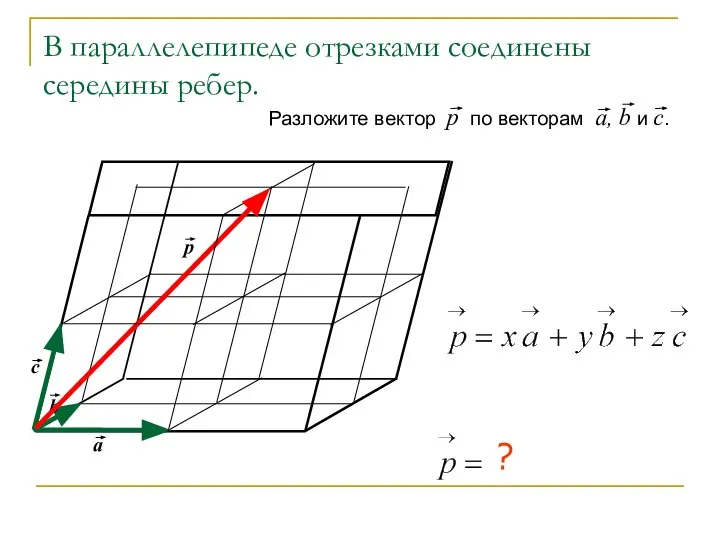 В параллелепипеде отрезками соединены середины ребер. Разложите вектор р по векторам а, b и с. ?