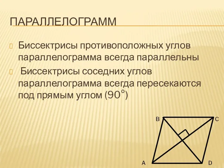 ПАРАЛЛЕЛОГРАММ Биссектрисы противоположных углов параллелограмма всегда параллельны Биссектрисы соседних углов параллелограмма