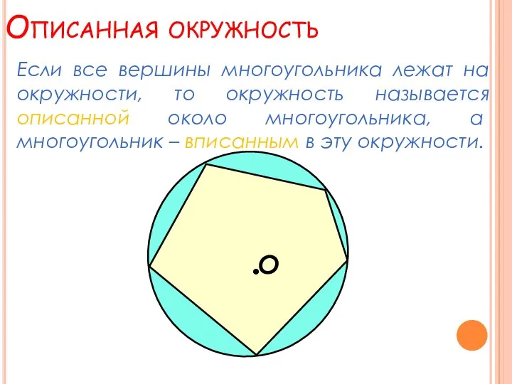 Описанная окружность Если все вершины многоугольника лежат на окружности, то окружность