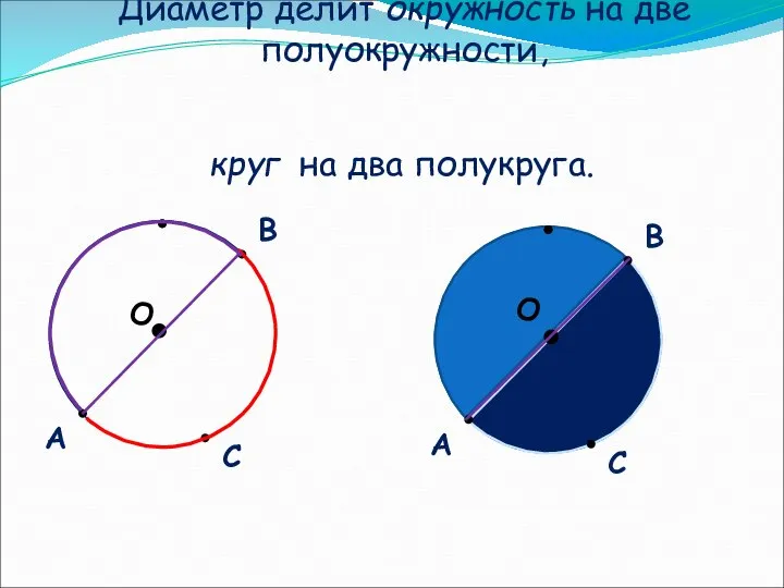 Диаметр делит окружность на две полуокружности, О С А В О