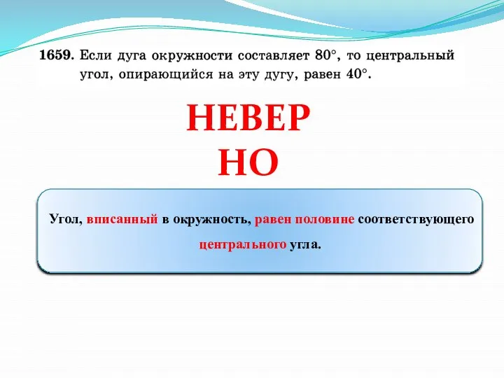 НЕВЕРНО Угол, вписанный в окружность, равен половине соответствующего центрального угла.