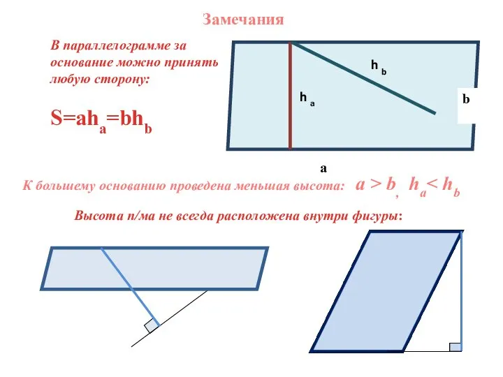 В параллелограмме за основание можно принять любую сторону: S=aha=bhb Высота п/ма