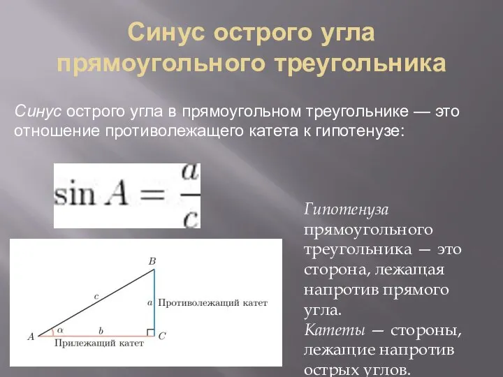 Синус острого угла прямоугольного треугольника Синус острого угла в прямоугольном треугольнике