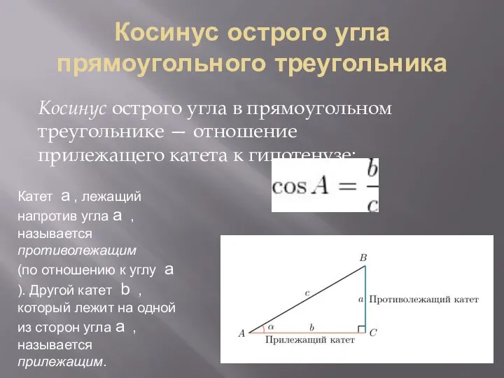 Косинус острого угла прямоугольного треугольника Косинус острого угла в прямоугольном треугольнике