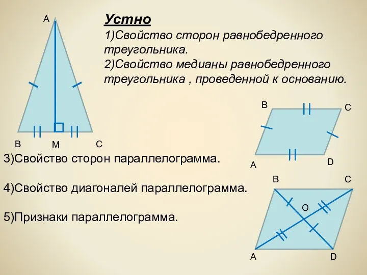 Устно 1)Свойство сторон равнобедренного треугольника. 2)Свойство медианы равнобедренного треугольника , проведенной