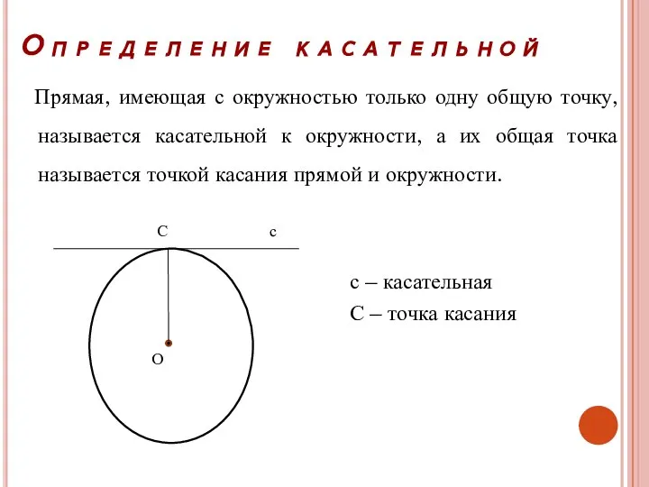 Прямая, имеющая с окружностью только одну общую точку, называется касательной к