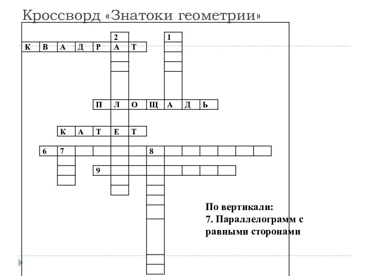 Кроссворд «Знатоки геометрии» По вертикали: 7. Параллелограмм с равными сторонами