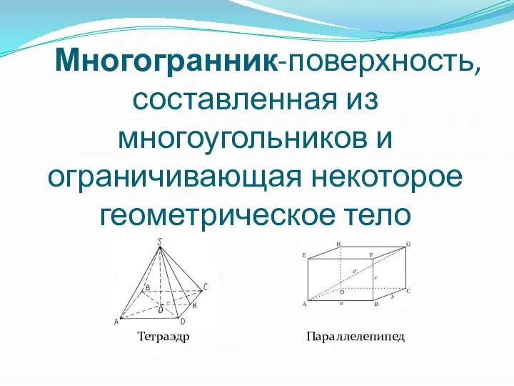 Многогранник-поверхность, составленная из многоугольников и ограничивающая некоторое геометрическое тело Тетраэдр Параллелепипед