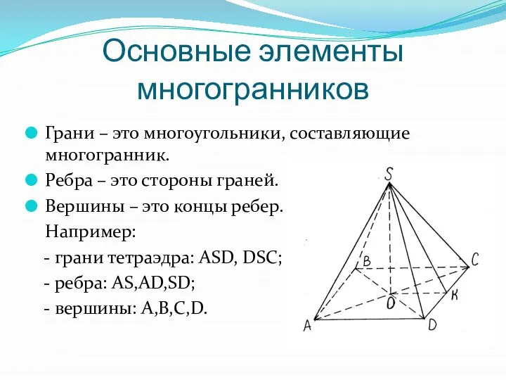 Основные элементы многогранников Грани – это многоугольники, составляющие многогранник. Ребра –