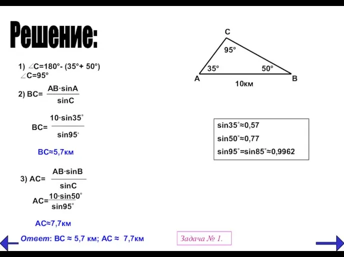 sin35˚≈0,57 sin50˚≈0,77 sin95˚=sin85˚≈0,9962 Задача № 1. Решение: