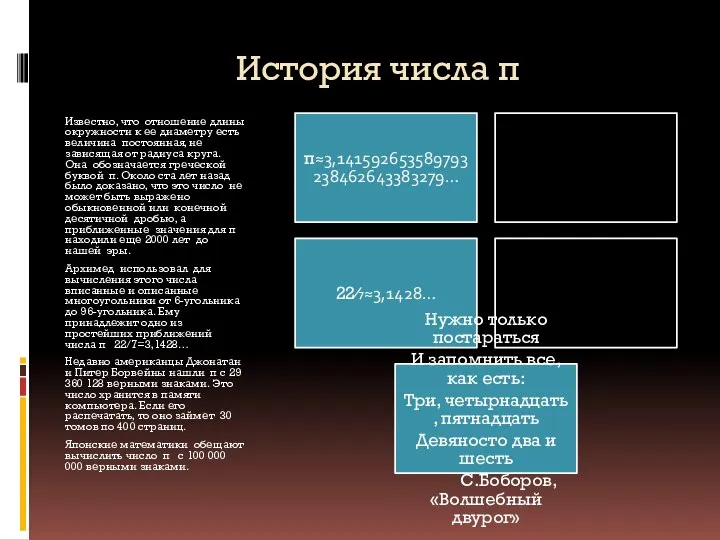 История числа π Известно, что отношение длины окружности к ее диаметру