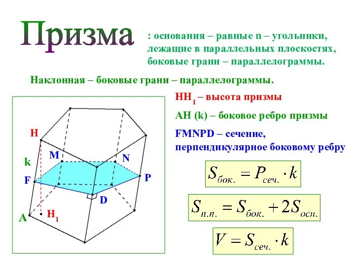 Призма : основания – равные n – угольники, лежащие в параллельных