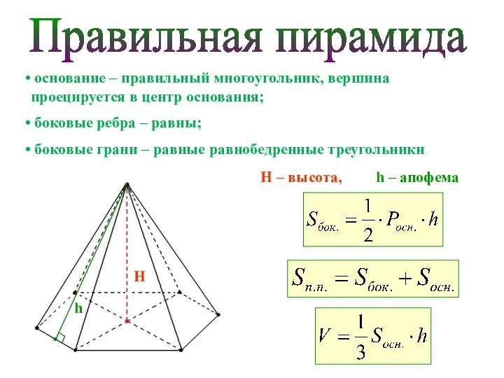 Правильная пирамида основание – правильный многоугольник, вершина проецируется в центр основания;