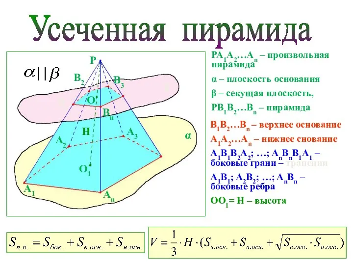 PA1A2…An – произвольная пирамида α – плоскость основания β – секущая