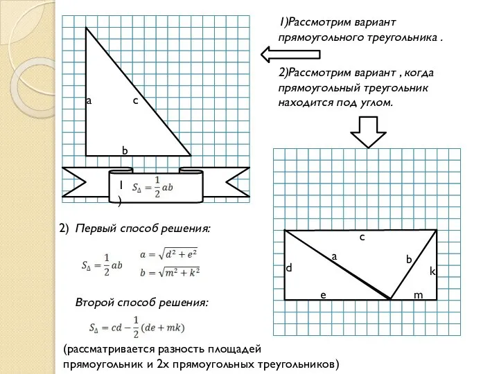 1)Рассмотрим вариант прямоугольного треугольника . a b c 2)Рассмотрим вариант ,