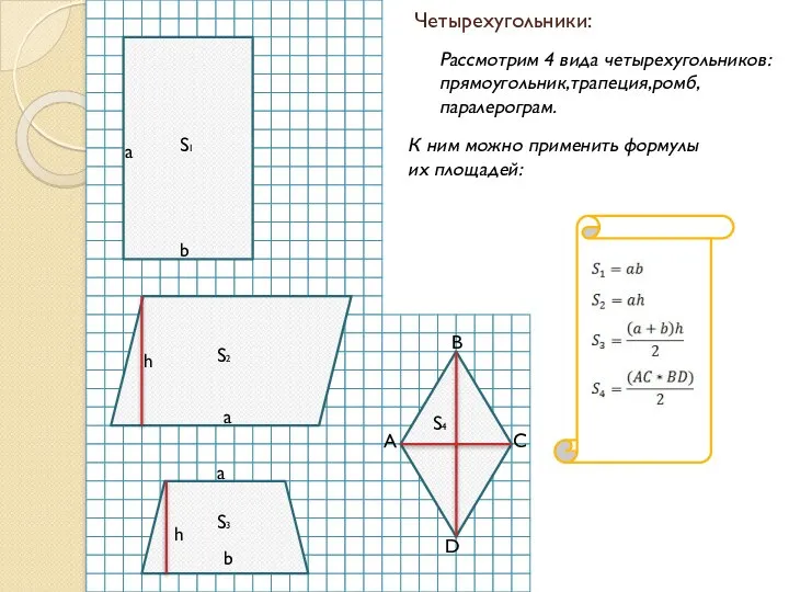 Четырехугольники: Рассмотрим 4 вида четырехугольников: прямоугольник,трапеция,ромб, паралерограм. К ним можно применить