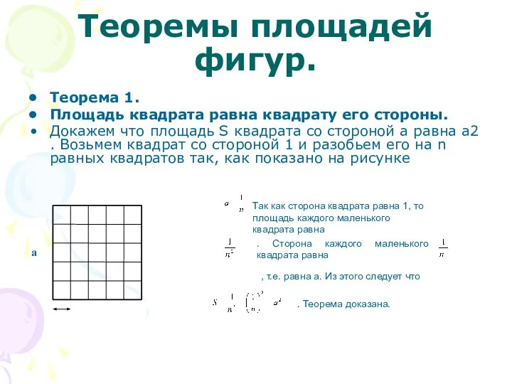 Теоремы площадей фигур. Теорема 1. Площадь квадрата равна квадрату его стороны.