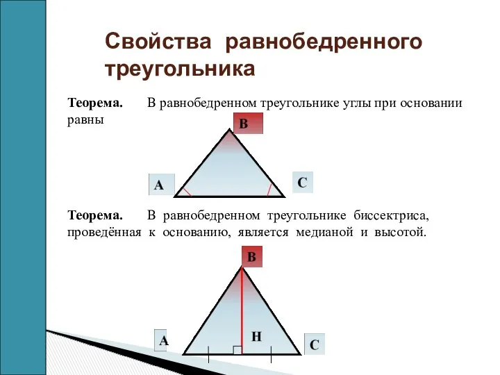 Свойства равнобедренного треугольника Теорема. В равнобедренном треугольнике углы при основании равны