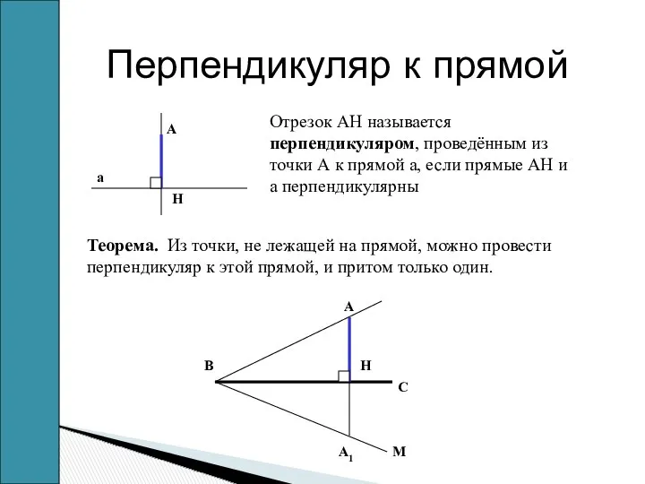 Перпендикуляр к прямой Отрезок АН называется перпендикуляром, проведённым из точки А