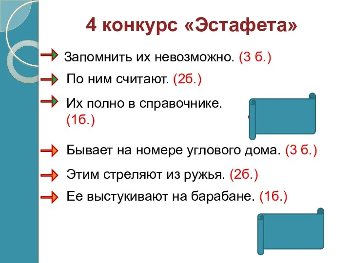 4 конкурс «Эстафета» Запомнить их невозможно. (3 б.) По ним считают.