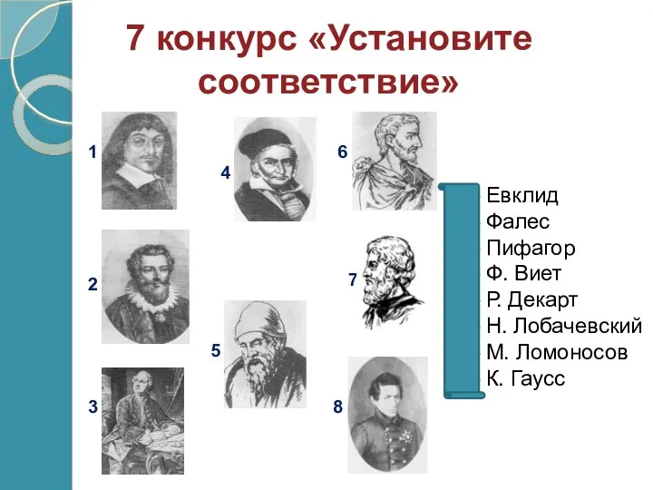 7 конкурс «Установите соответствие» Евклид Фалес Пифагор Ф. Виет Р. Декарт