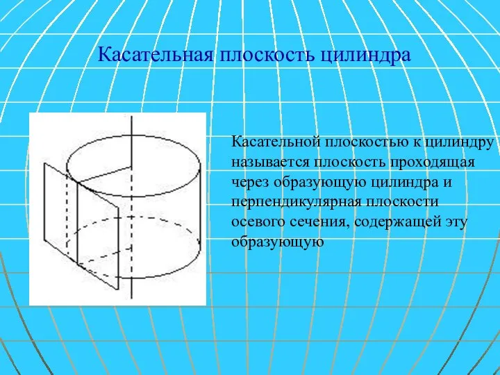 Касательная плоскость цилиндра Касательной плоскостью к цилиндру называется плоскость проходящая через