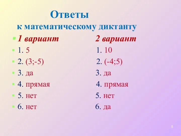 Ответы к математическому диктанту 1 вариант 2 вариант 1. 5 1.