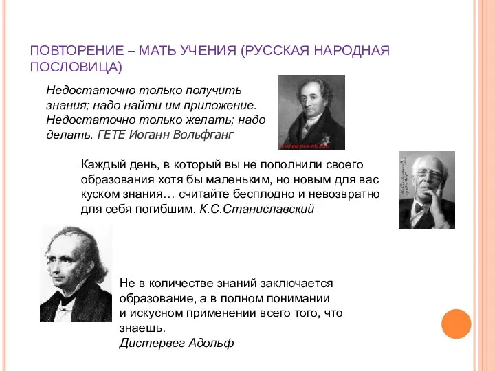 ПОВТОРЕНИЕ – МАТЬ УЧЕНИЯ (РУССКАЯ НАРОДНАЯ ПОСЛОВИЦА) Недостаточно только получить знания;