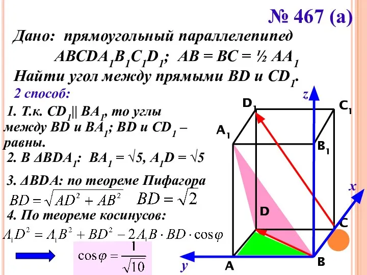 х у z № 467 (а) Дано: прямоугольный параллелепипед АВСDA1B1C1D1; АВ