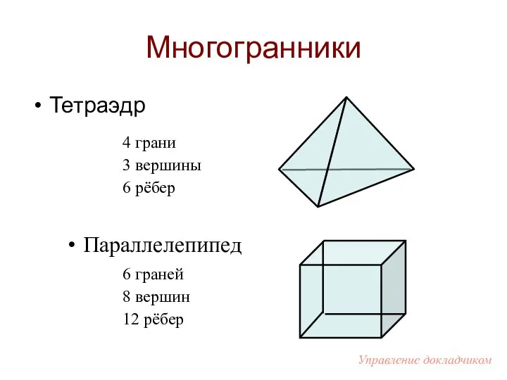 Многогранники Тетраэдр Параллелепипед 4 грани 3 вершины 6 рёбер 6 граней