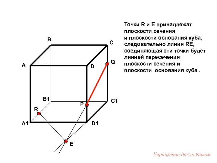 Точки R и E принадлежат плоскости сечения и плоскости основания куба,