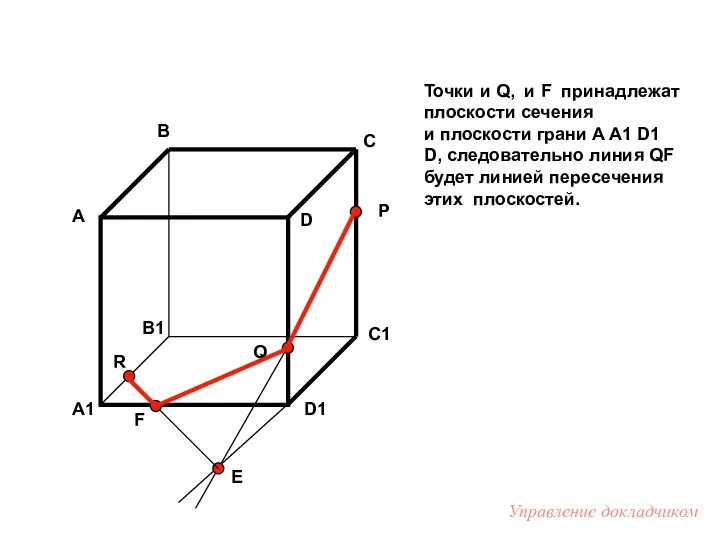 Точки и Q, и F принадлежат плоскости сечения и плоскости грани