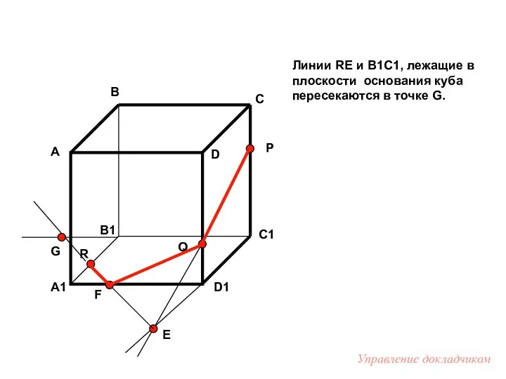 Линии RE и B1C1, лежащие в плоскости основания куба пересекаются в