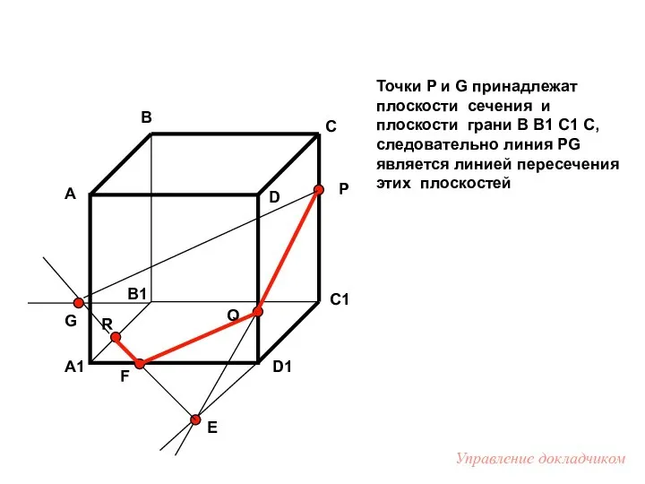 Точки P и G принадлежат плоскости сечения и плоскости грани B