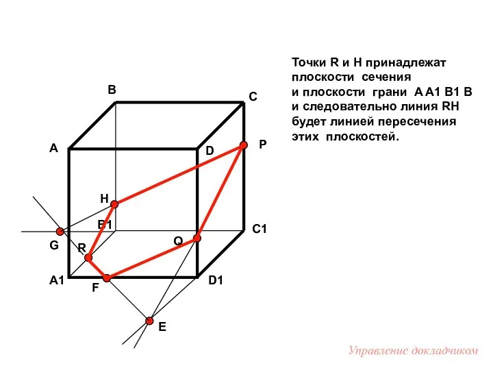 Точки R и H принадлежат плоскости сечения и плоскости грани A