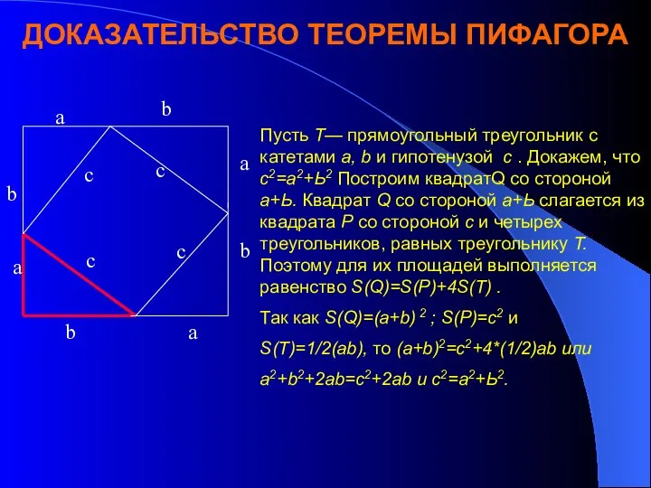 ДОКАЗАТЕЛЬСТВО ТЕОРЕМЫ ПИФАГОРА Пусть Т— прямоугольный треугольник с катетами а, b