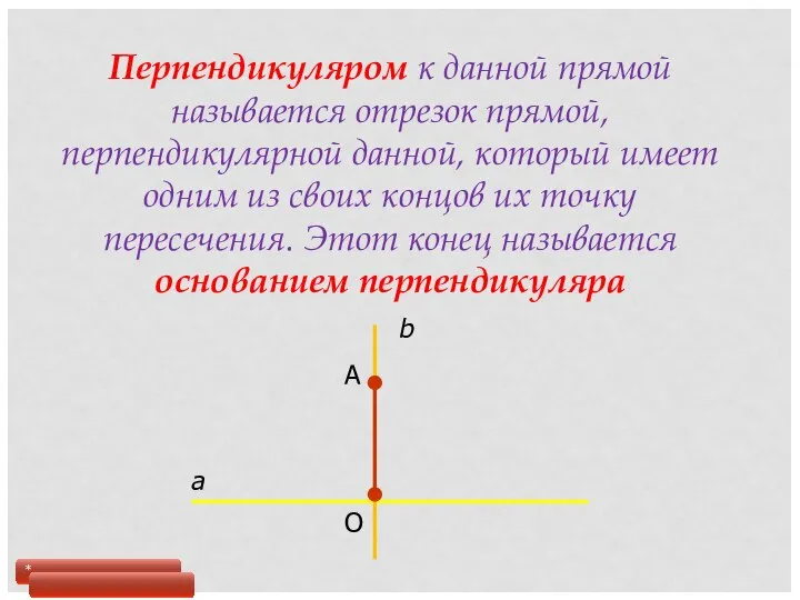 Перпендикуляром к данной прямой называется отрезок прямой, перпендикулярной данной, который имеет