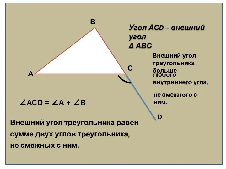 А С В ( D Угол АСD – внешний угол Δ