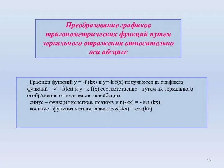 Преобразование графиков тригонометрических функций путем зеркального отражения относительно оси абсцисс Графики