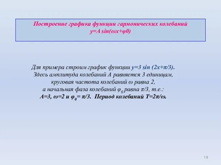 Построение графика функции гармонических колебаний y=A sin(ωx+φ0) Для примера строим график