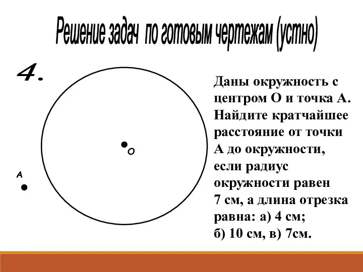 Решение задач по готовым чертежам (устно) 4. О А Даны окружность