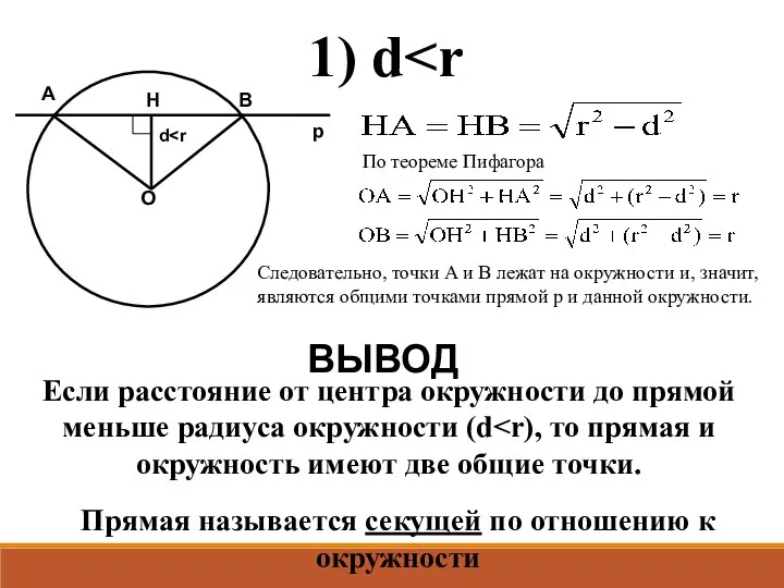 1) d O H A B d p По теореме Пифагора