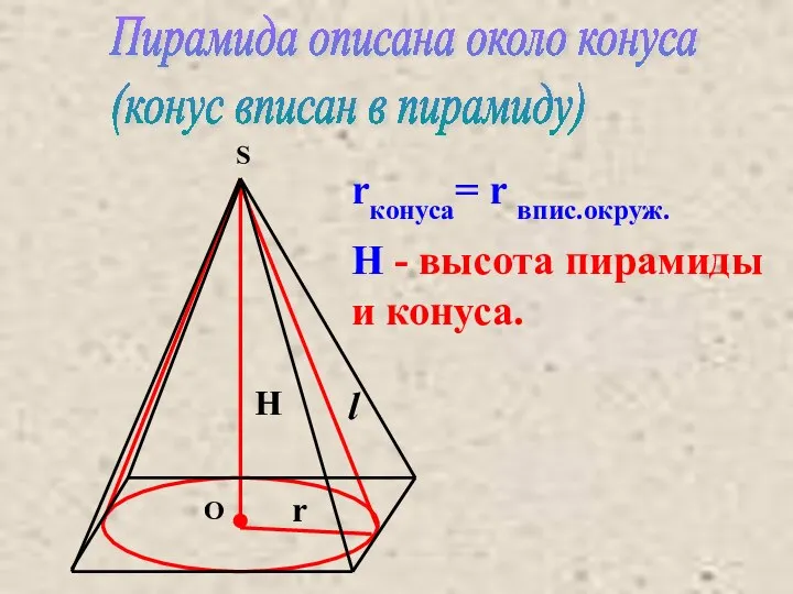 Пирамида описана около конуса (конус вписан в пирамиду) H r O