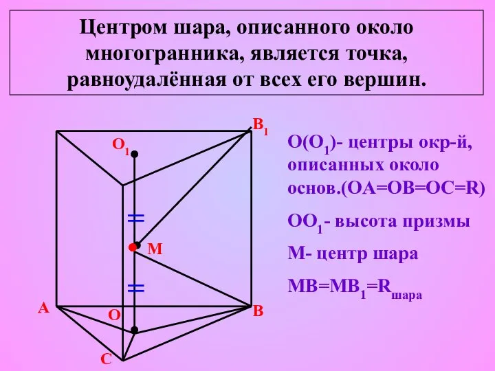 Центром шара, описанного около многогранника, является точка, равноудалённая от всех его