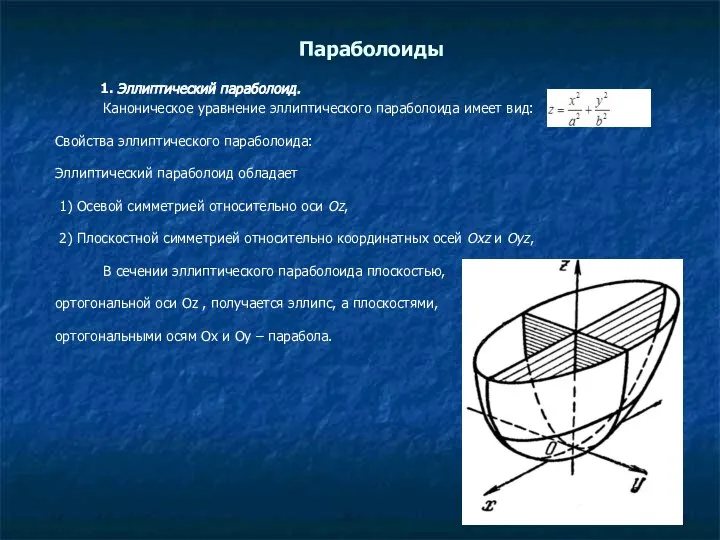 Параболоиды 1. Эллиптический параболоид. Каноническое уравнение эллиптического параболоида имеет вид: Свойства