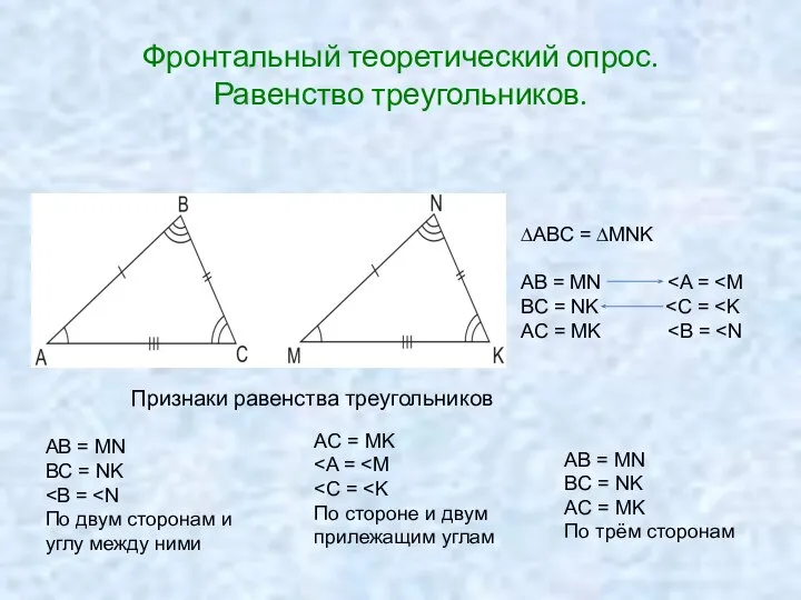 Фронтальный теоретический опрос. Равенство треугольников. ∆ABC = ∆MNK AB = MN
