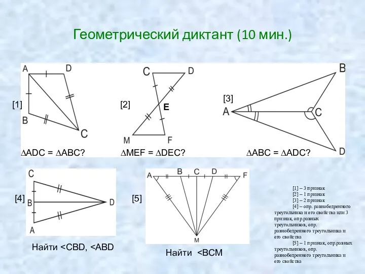 Геометрический диктант (10 мин.) [1] [2] [3] ∆ADC = ∆ABC? ∆MEF