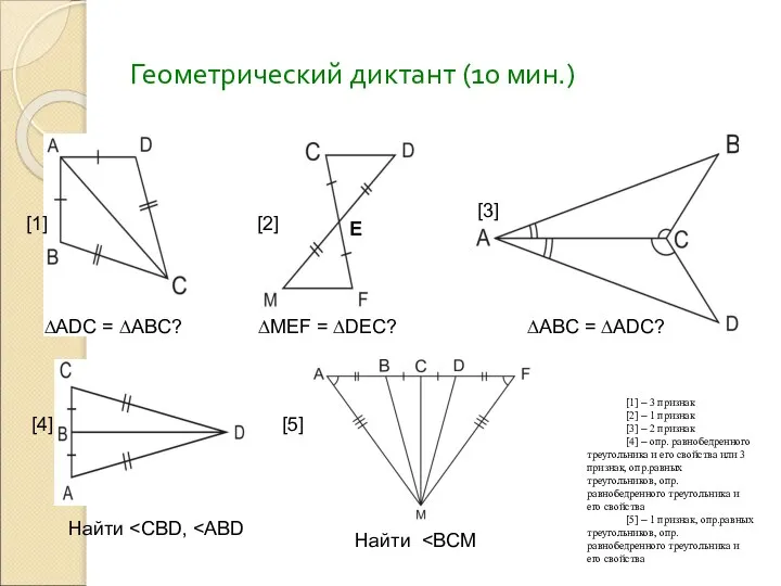 Геометрический диктант (10 мин.) [1] [2] [3] ∆ADC = ∆ABC? ∆MEF