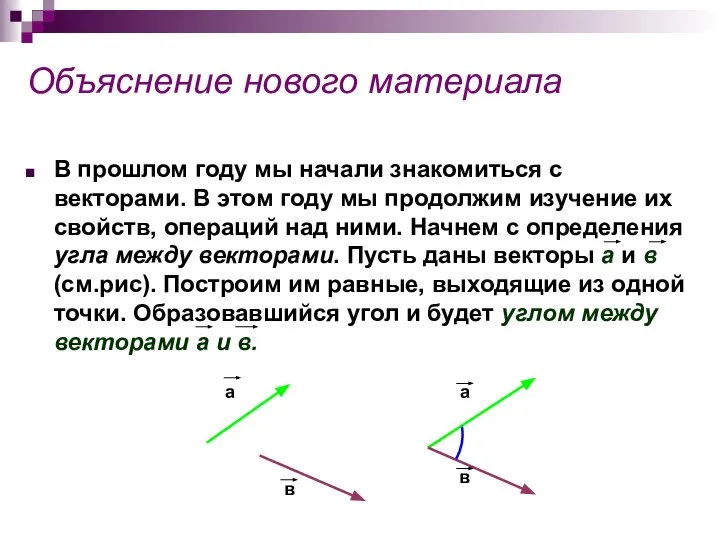 Объяснение нового материала В прошлом году мы начали знакомиться с векторами.